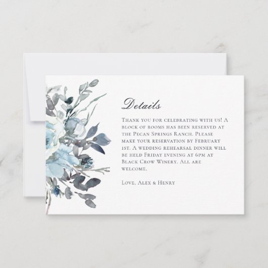 Elegante Blauwe Waterverf Bloemen Bruiloft Details RSVP Kaartje (Voorkant)