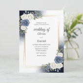 Elegante Blauwe Waterverf Bloemen Bruiloft Uitnodi Kaart (Staand voorkant)