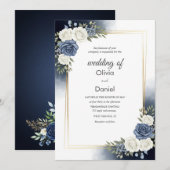 Elegante Blauwe Waterverf Bloemen Bruiloft Uitnodi Kaart (Voorkant / Achterkant)