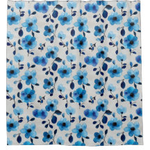 Elegante Blauwe Waterverf Bloemen Douchegordijn