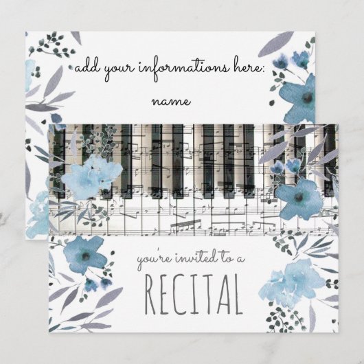 Elegante Blauwe waterverf Bloemen Muziekrecital Kaart (Voorkant / Achterkant)
