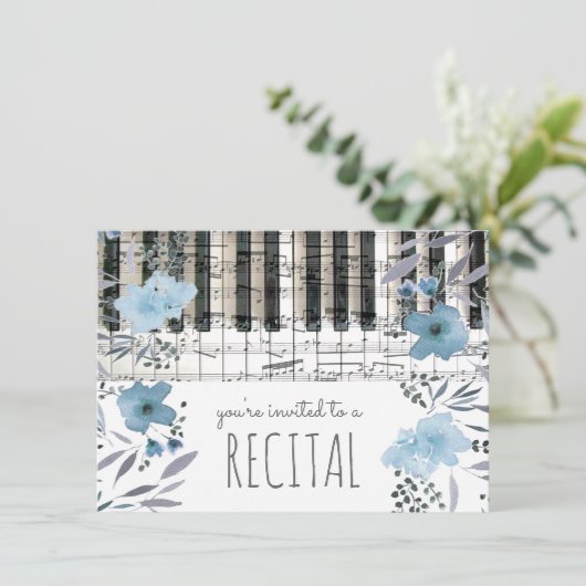 Elegante Blauwe waterverf Bloemen Muziekrecital Kaart (Staand voorkant)
