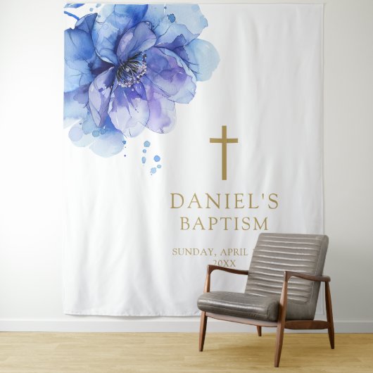 Elegante Blauwe Waterverf Bloemendoop Achtergrond Wandkleed (In situ)