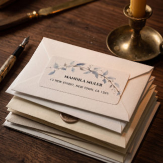 Elegante blauwe waterverf bloemige tak retouradres etiket