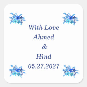 Elegante blauwe waterverf bloemige trouwgunst vierkante sticker