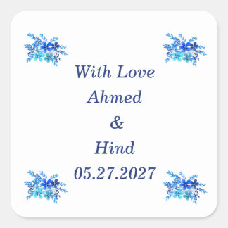 Elegante blauwe waterverf bloemige trouwgunst vierkante sticker