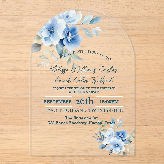Elegante Blauwe Waterverf Botanische Bloemen Bruil Acryl Uitnodigingen (Voorkant)