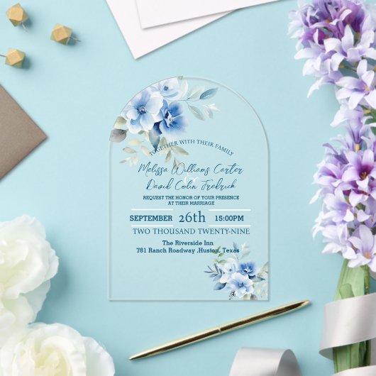 Elegante Blauwe Waterverf Botanische Bloemen Bruil Acryl Uitnodigingen (Insitu (Huwelijk))