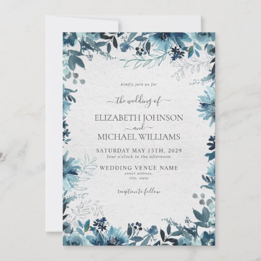 Elegante Blauwe Waterverf Botanische Winterbruilof Kaart (Voorkant)