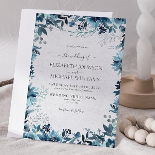 Elegante Blauwe Waterverf Botanische Winterbruilof Kaart