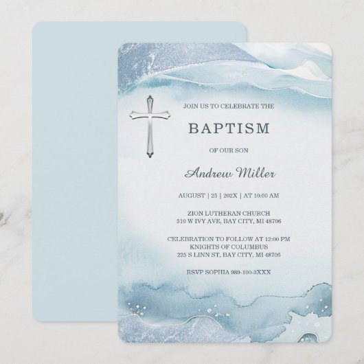 Elegante Blauwe Waterverf Doopuitnodiging voor Jon Kaart (Voorkant / Achterkant)