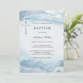 Elegante Blauwe Waterverf Doopuitnodiging voor Jon Kaart (Staand voorkant)