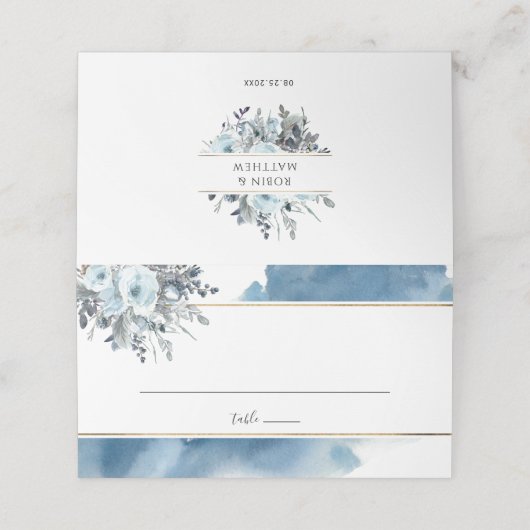 Elegante Blauwe Waterverf en Blauwe Bloemen Plaatskaartje (Buitenkant ongevouwen)