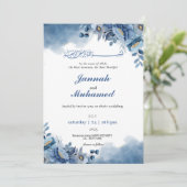 Elegante Blauwe waterverf Floral Moslim bruiloft Kaart (Staand voorkant)
