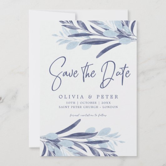 Elegante Blauwe Waterverf Foliage Wedding Save The Date (Voorkant)