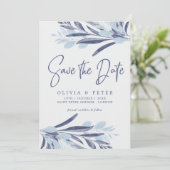 Elegante Blauwe Waterverf Foliage Wedding Save The Date (Staand voorkant)