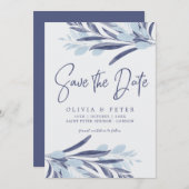 Elegante Blauwe Waterverf Foliage Wedding Save The Date (Voorkant / Achterkant)