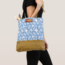 Elegante Blauwe Waterverf Geometrische Rotan-look Tote Bag