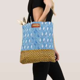 Elegante Blauwe Waterverf Geometrische Rotan-look Tote Bag