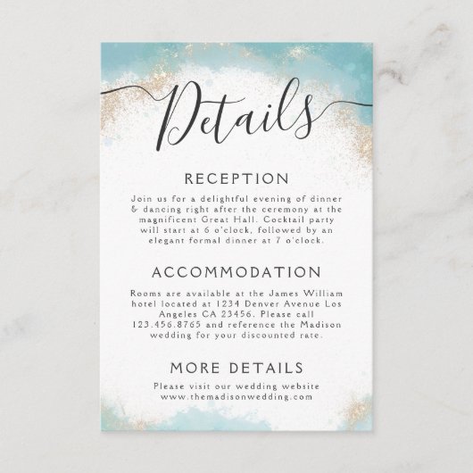 Elegante Blauwe Waterverf Gouden Bruiloft Details Informatiekaartje (Voorkant)