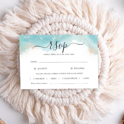 Elegante Blauwe Waterverf Gouden Bruiloft RSVP Kaa