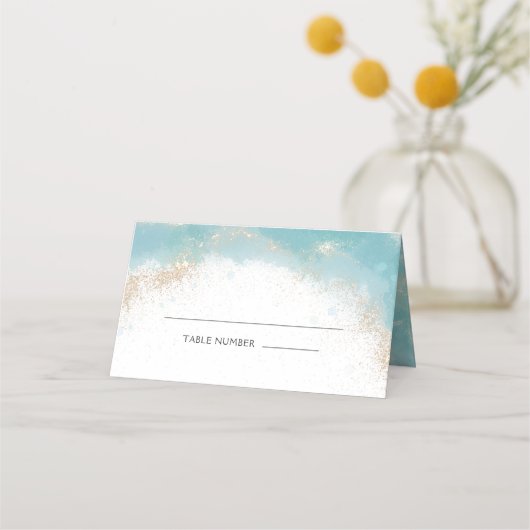 Elegante Blauwe Waterverf Gouden Glitter Trouwtafe Plaatskaartje (Voorkant)