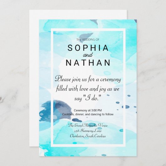 Elegante Blauwe Waterverf Huwelijksuitnodiging Kaart (Voorkant / Achterkant)