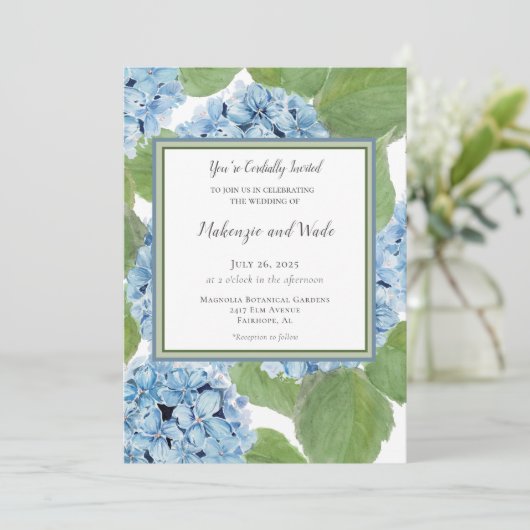 Elegante Blauwe Waterverf Hydrangea Bloemenbruilof Kaart (Staand voorkant)