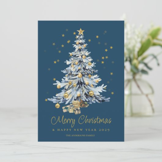 Elegante Blauwe Waterverf Kerstboom Feestdagenkaart (Staand voorkant)