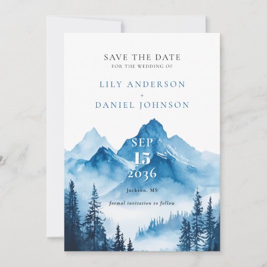 Elegante Blauwe Waterverf Mountain Photo Wedding Save The Date (Voorkant)