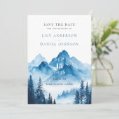 Elegante Blauwe Waterverf Mountain Photo Wedding Save The Date (Staand voorkant)