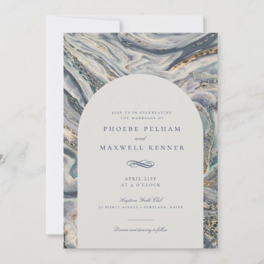 Elegante Blauwe Waterverf Ocean Swirl Bruiloft Kaart (Voorkant)