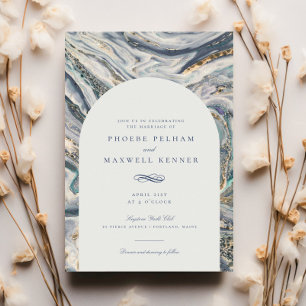 Elegante Blauwe Waterverf Ocean Swirl Bruiloft Kaart