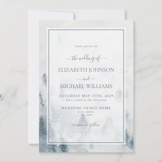 Elegante Blauwe Waterverf Pijnbomen Winterbruiloft Kaart (Voorkant)
