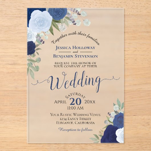 Elegante Blauwe Waterverf Rozen Boho Wedding Acryl Uitnodigingen (Voorkant)