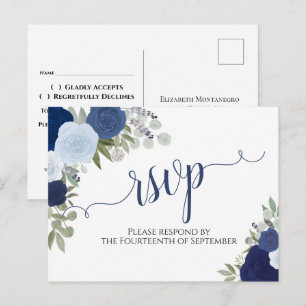 Elegante Blauwe Waterverf Rozen Bruiloft RSVP Briefkaart