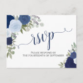 Elegante Blauwe Waterverf Rozen Bruiloft RSVP Briefkaart (Voorkant)