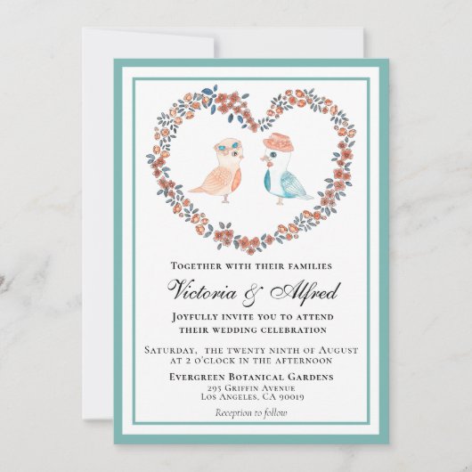 Elegante Blauwe  Waterverf Tortelduifjes bruiloft Kaart (Voorkant)