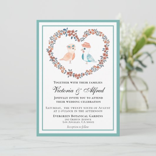 Elegante Blauwe Waterverf Tortelduifjes bruiloft Kaart (Staand voorkant)