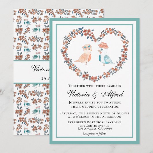 Elegante Blauwe Waterverf Tortelduifjes bruiloft Kaart (Voorkant / Achterkant)