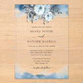 Elegante Blauwe Waterverf Vlekken en Floral Weddin Acryl Uitnodigingen (Voorkant)