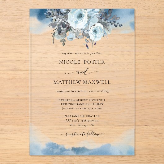 Elegante Blauwe Waterverf Vlekken en Floral Weddin Acryl Uitnodigingen (Voorkant)
