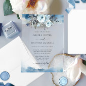 Elegante Blauwe Waterverf Vlekken en Floral Weddin Acryl Uitnodigingen