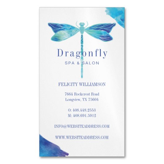 Elegante Blauwe Waterverf Wash Dragonfly Logo Magnetisch Visitekaartje (Voorkant Verticaal)