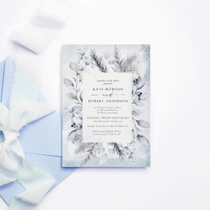 Elegante Blauwe Waterverf Winter Bloemen Huwelijk Kaart