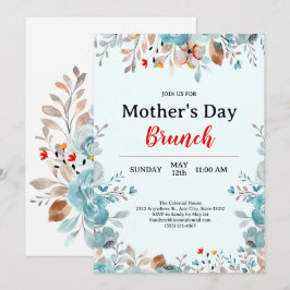 Elegante Blauwe Wildbloemen Mint Moederdag Brunch Kaart