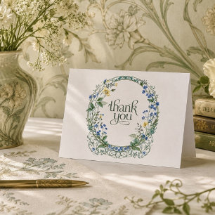 Elegante Blauwe Wilde Bloem Art Nouveau Krans  Bedankkaart
