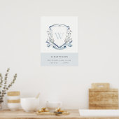 Elegante blauwe wilde bloem monogram wapen geboort poster (Keuken)