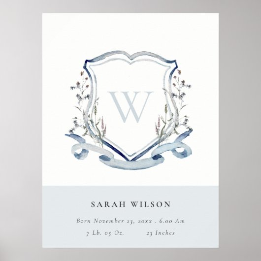 Elegante blauwe wilde bloem monogram wapen geboort poster (Voorkant)