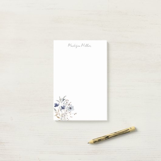 Elegante blauwe wilde bloem post-it® notes (Op bureau)